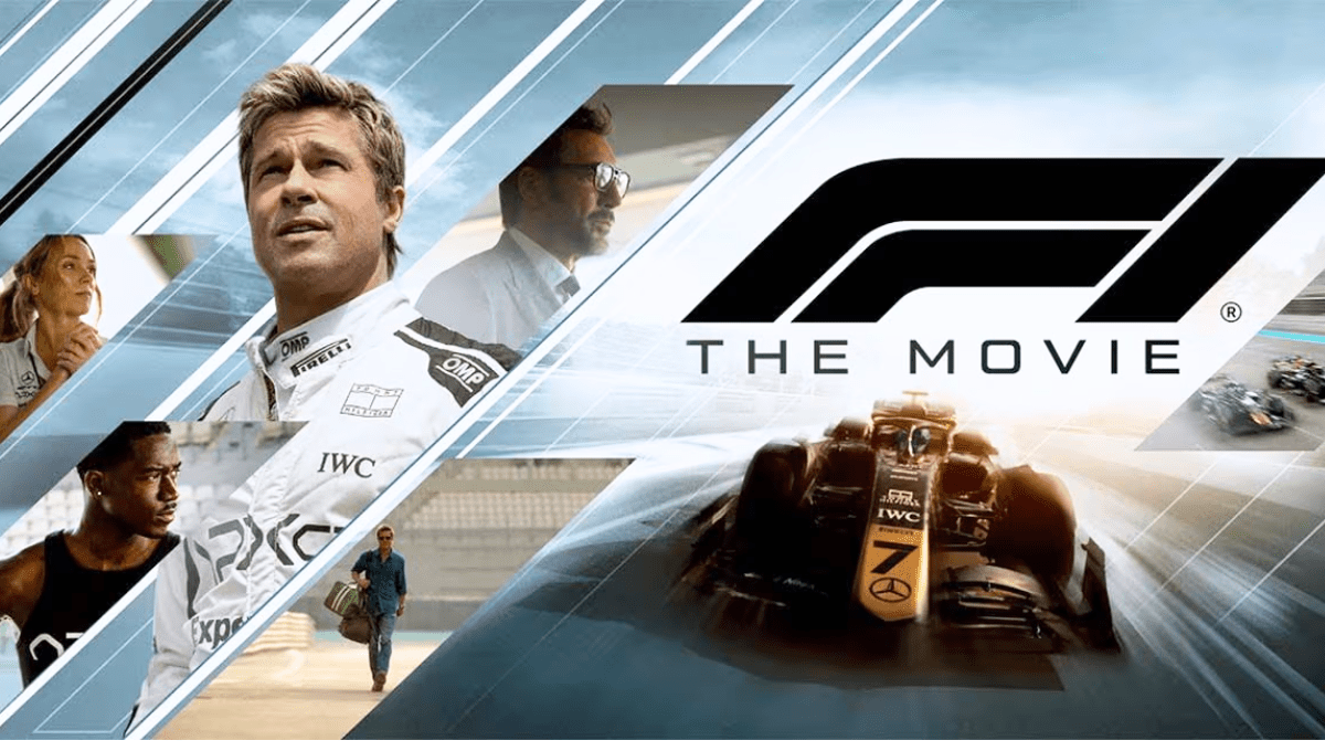 Poster of F1: The Movie highlighting its OTT release with Formula One racing scenes